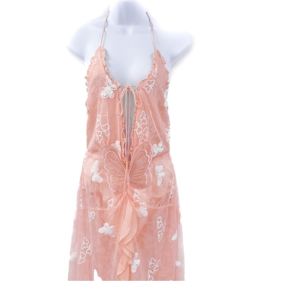 For Love & Lemons Beckett Lace Sheer Butterfly Sequin Bodysuit Maxi Dress Pink - Picture 6 of 16